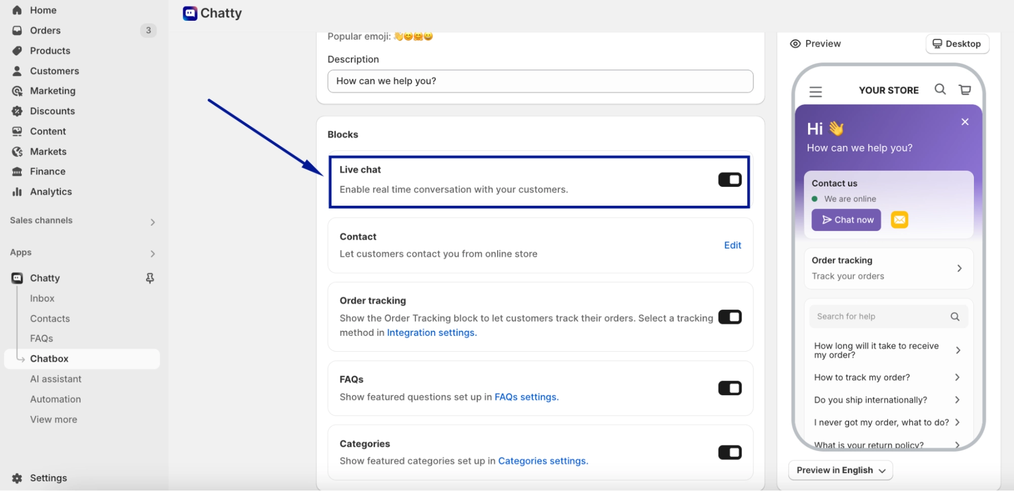 Enable Chatty Live Chat