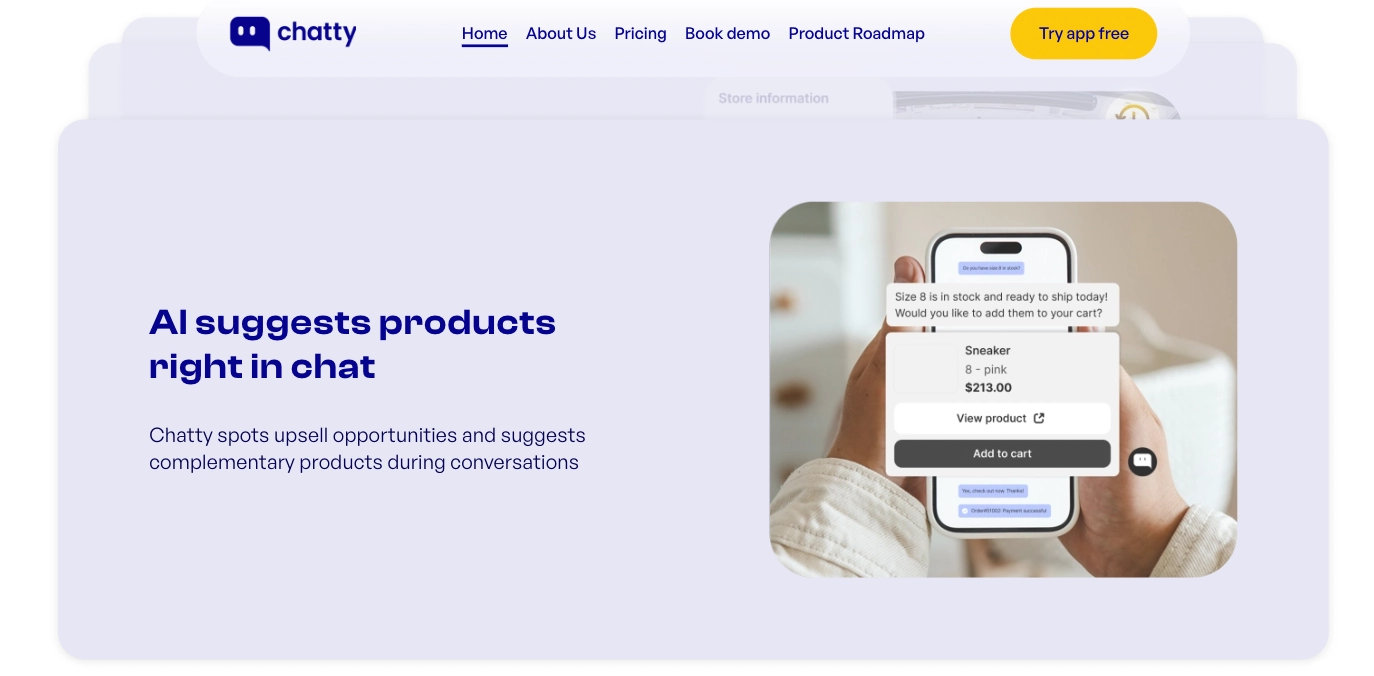 chatty live chat ai suggests upsell products during conversation