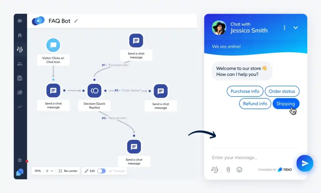 tidio flow builder faq bot with chat