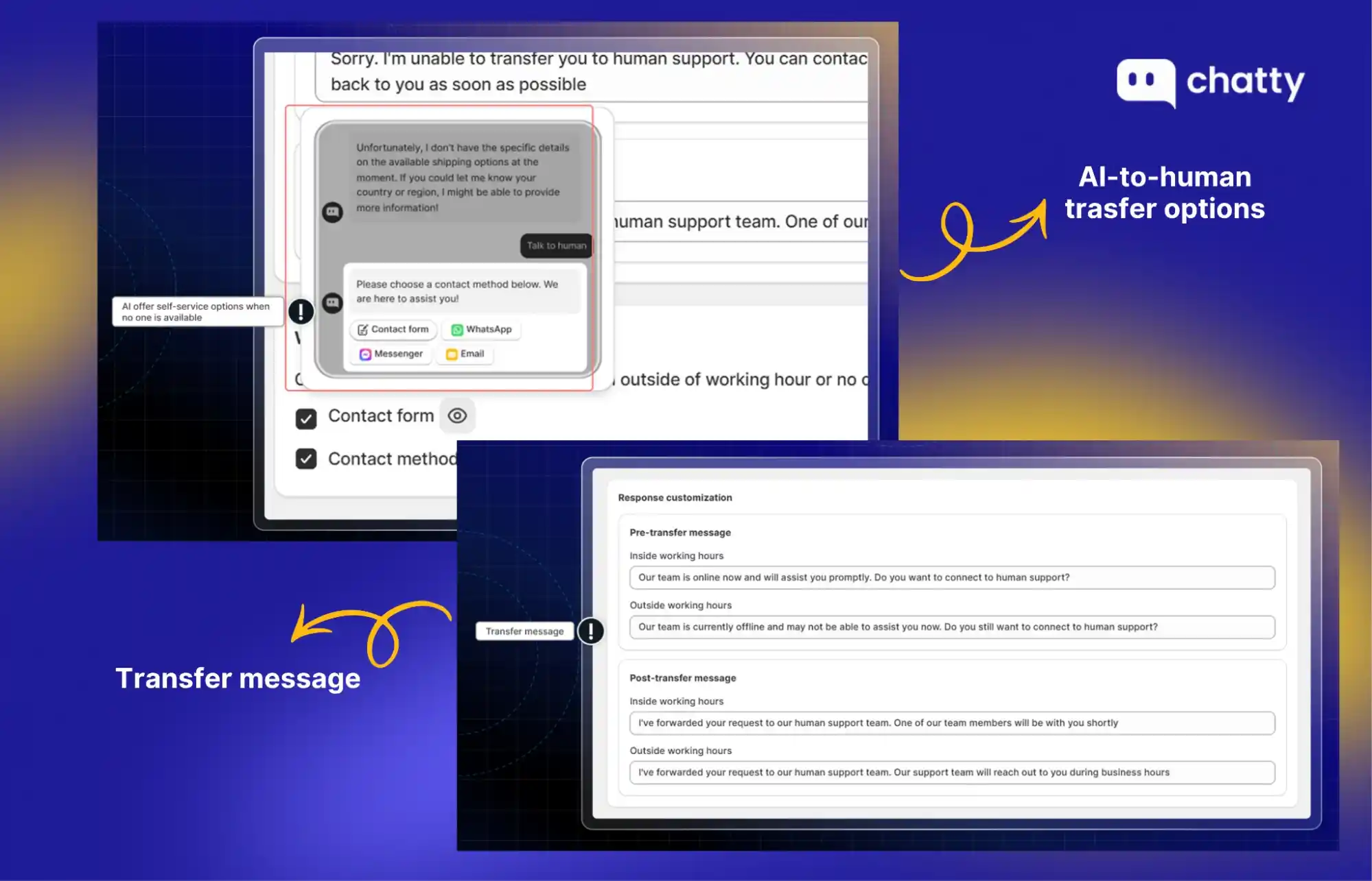 ai to human transfer options and messages configuration