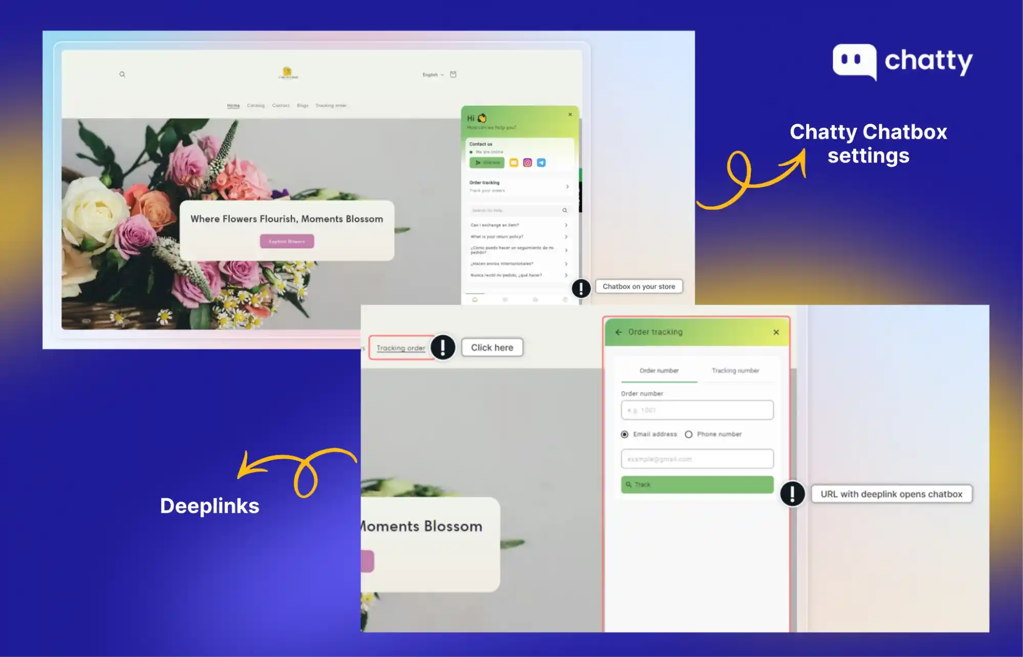 chatbox settings and deeplinks for order tracking