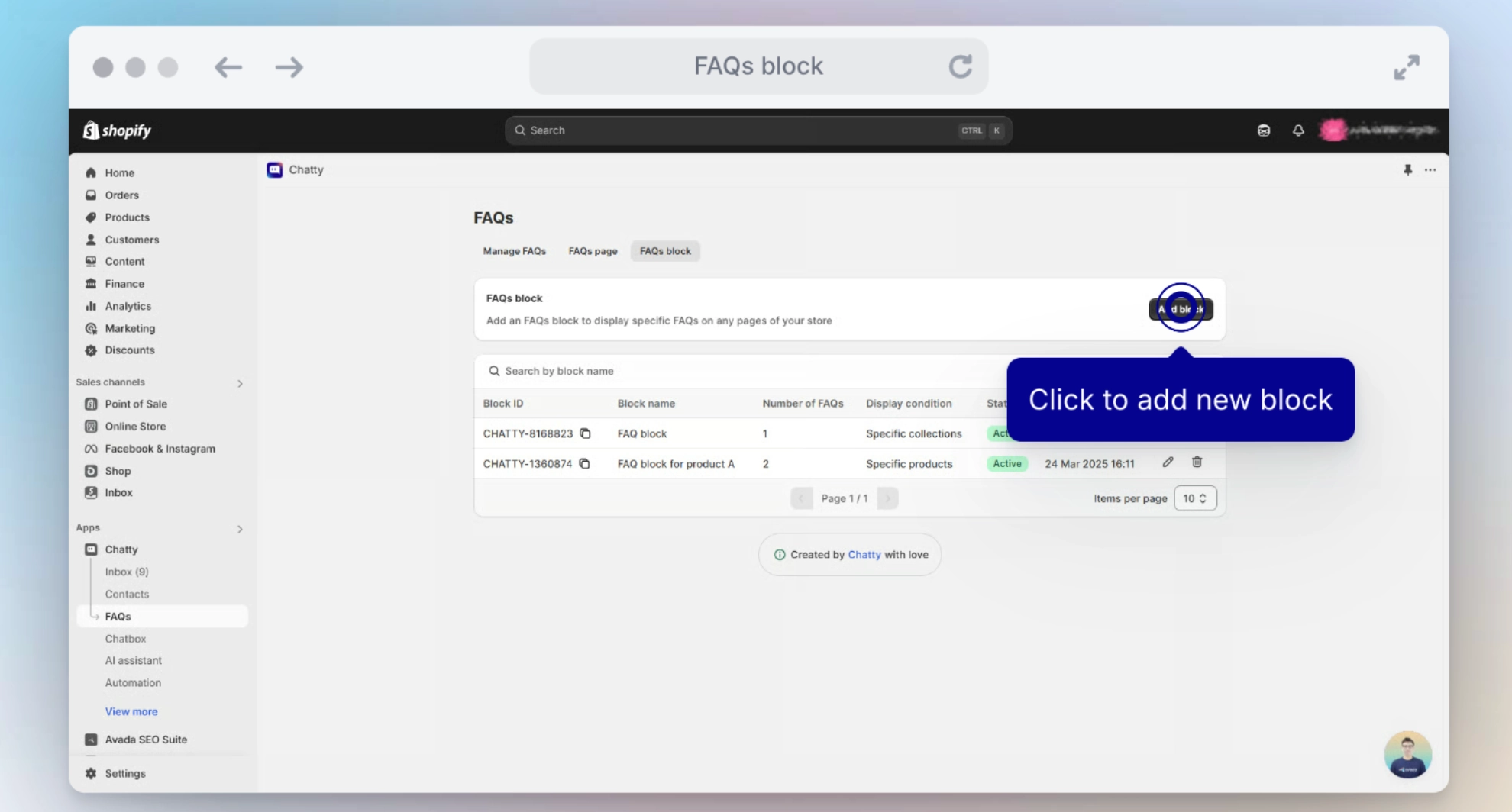 chatty faqs block dashboard add new block