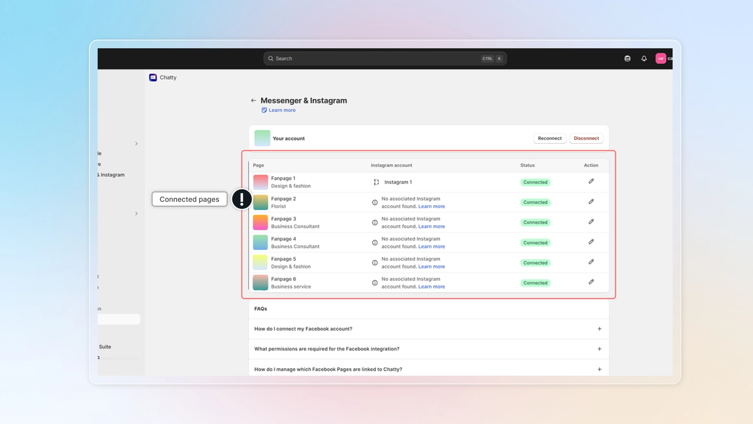 connect facebook pages and instagram accounts to chatty
