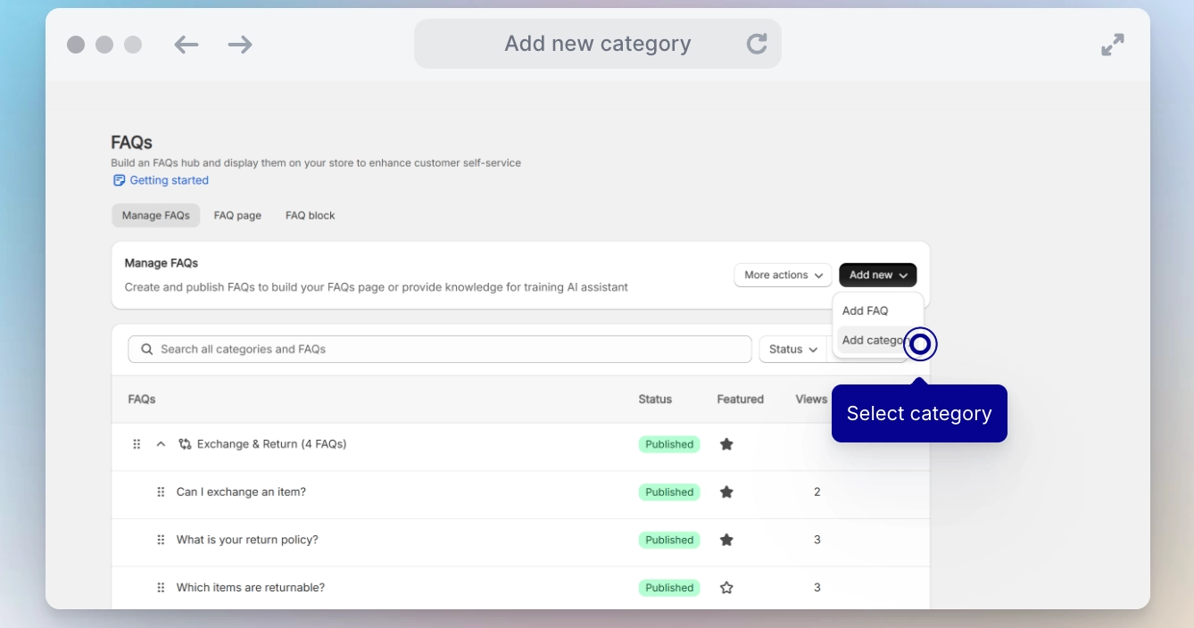 create new faq category select category option